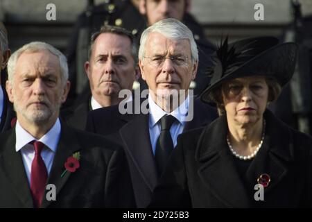 Labour leader Jeremy Corbyn, former Prime Minister John Major and Prime Minister Theresa May during the annual Remembrance Sunday Service at the Cenotaph memorial in Whitehall, central London, held in tribute for members of the armed forces who have died in major conflicts. Picture date: Sunday November 13th, 2016. Photo credit should read: Matt Crossick/ EMPICS Entertainment. Stock Photo