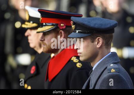 The Duke of Cambridge and Prince Harry during the annual Remembrance Sunday Service at the Cenotaph memorial in Whitehall, central London, held in tribute for members of the armed forces who have died in major conflicts. Picture date: Sunday November 13th, 2016. Photo credit should read: Matt Crossick/ EMPICS Entertainment. Stock Photo