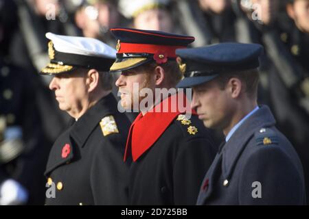 The Duke of Cambridge and Prince Harry during the annual Remembrance Sunday Service at the Cenotaph memorial in Whitehall, central London, held in tribute for members of the armed forces who have died in major conflicts. Picture date: Sunday November 13th, 2016. Photo credit should read: Matt Crossick/ EMPICS Entertainment. Stock Photo