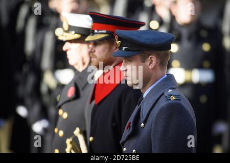 The Duke of Cambridge and Prince Harry during the annual Remembrance Sunday Service at the Cenotaph memorial in Whitehall, central London, held in tribute for members of the armed forces who have died in major conflicts. Picture date: Sunday November 13th, 2016. Photo credit should read: Matt Crossick/ EMPICS Entertainment. Stock Photo