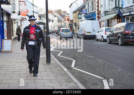 PCSO Officer Sian Clarke adds a Christmas jumper to her uniform, as Cardigan in Wales officially changes its name to Jumper, to support Save the Children's Christmas Jumper Day, taking place this Friday 16th December. Picture date: Wednesday December 14th, 2016. Photo credit should read: Matt Crossick/ EMPICS Entertainment. Stock Photo