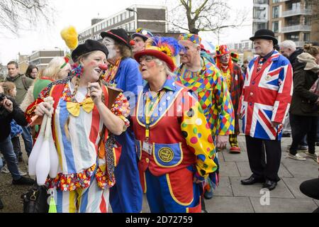Clowns pictured attending the Clowns Annual Grimaldi Service, at All Saints church in Haggerston, east London. Picture date: Sunday February 5th, 2017. Photo credit should read: Matt Crossick/ EMPICS Entertainment. The service has been held once a year for over 70 years, and commemorates the life of clown Joseph Grimaldi who died in 1837. Stock Photo