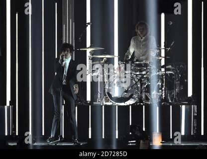The 1975 on stage at the BRIT Awards 2017, held at The O2 Arena, in London.    Picture date Tuesday February 22, 2017. Picture credit should read Matt Crossick/ EMPICS Entertainment. Editorial Use Only - No Merchandise. Stock Photo