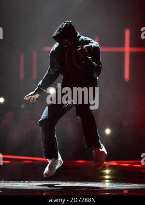 Skepta on stage at the BRIT Awards 2017, held at The O2 Arena, in London.    Picture date Tuesday February 22, 2017. Picture credit should read Matt Crossick/ EMPICS Entertainment. Editorial Use Only - No Merchandise. Stock Photo
