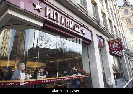 General view of a Pret A Manger branch in Charing Cross Road, London. The company has suggested it will struggle to staff its shops after Brexit, as over 65% of its staff come from the European Union. Picture date: Thursday March 9, 2017. Photo credit should read: Matt Crossick/ EMPICS Entertainment. Stock Photo