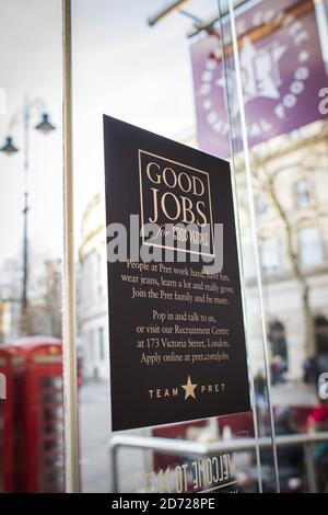 A sign advertising jobs in the window of a Pret A Manger branch in Charing Cross Road, London. The company has suggested it will struggle to staff its shops after Brexit, as over 65% of its staff come from the European Union. Picture date: Thursday March 9, 2017. Photo credit should read: Matt Crossick/ EMPICS Entertainment. Stock Photo