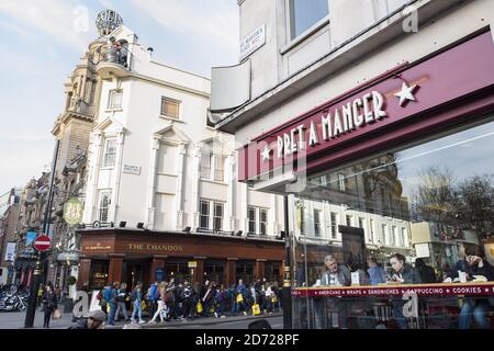 General view of a Pret A Manger branch in Charing Cross Road, London. The company has suggested it will struggle to staff its shops after Brexit, as over 65% of its staff come from the European Union. Picture date: Thursday March 9, 2017. Photo credit should read: Matt Crossick/ EMPICS Entertainment. Stock Photo