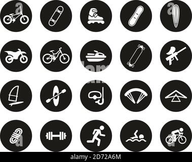 Extreme Sports & Equipment Icons White On Black Flat Design Circle Set Big Stock Vector