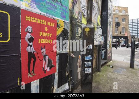 A mock election poster on a wall in Shoreditch, east London. Picture date: Tuesday May 9th, 2017. Photo credit should read: Matt Crossick/ EMPICS Entertainment. Stock Photo