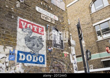 A mock election poster on a wall in Shoreditch, east London. Picture date: Tuesday May 9th, 2017. Photo credit should read: Matt Crossick/ EMPICS Entertainment. Stock Photo