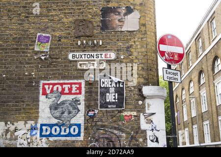 A mock election poster on a wall in Shoreditch, east London. Picture date: Tuesday May 9th, 2017. Photo credit should read: Matt Crossick/ EMPICS Entertainment. Stock Photo