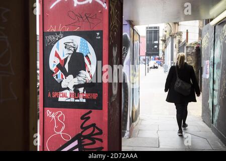 A mock election poster on a wall in Shoreditch, east London. Picture date: Tuesday May 9th, 2017. Photo credit should read: Matt Crossick/ EMPICS Entertainment. Stock Photo