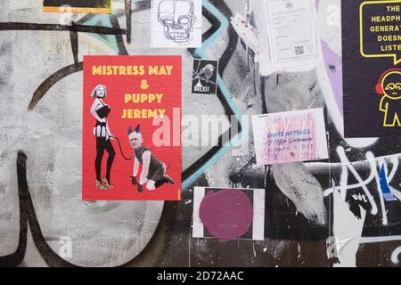 A mock election poster on a wall in Shoreditch, east London. Picture date: Tuesday May 9th, 2017. Photo credit should read: Matt Crossick/ EMPICS Entertainment. Stock Photo