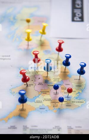 A map of Britain with pins representing Labour, the Conservatives and the Liberal Democrats. Picture date: Friday May 12th, 2017. Photo credit should read: Matt Crossick/EMPICS Entertainment. Stock Photo