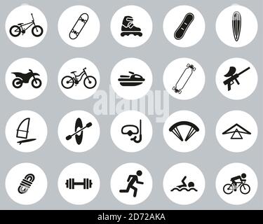 Extreme Sports & Equipment Icons Black & White Flat Design Circle Set Big Stock Vector