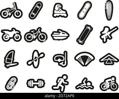 Extreme Sports & Equipment Icons White On Black Sticker Set Big Stock Vector