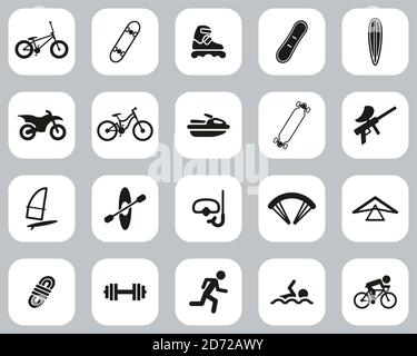 Extreme Sports & Equipment Icons Black & White Flat Design Set Big Stock Vector