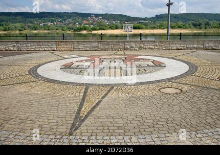 Coat of arms of Wloclawek at boulevard of Jozef Pilsudski. Embankment of Vistula river in Wloclawek. Poland Stock Photo