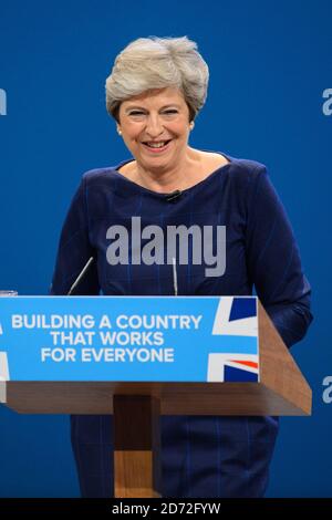 Prime Minister Theresa May speaks at the Conservative Party Conference, at the Manchester Central Convention Complex in Manchester. Picture date: 4 October, 2017. Photo credit should read: Matt Crossick/ EMPICS Entertainment. Stock Photo
