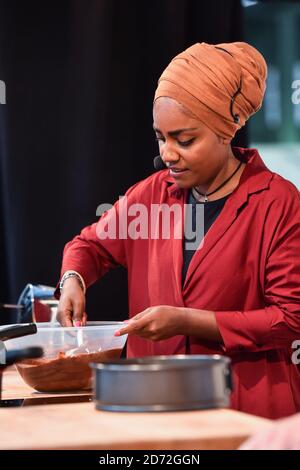 Nadiya Hussain gives a cookery demonstration at The Chocolate Show, at Olympia in Kensington, London. Picture date: Friday October 13th, 2017. Photo credit should read: Matt Crossick/ EMPICS Entertainment. Stock Photo