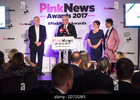 Labour leader Jeremy Corbyn, Chris Smith, Baron Smith of Finsbury and Emily Thornberry on stage at the Pink News Awards, at One Street, London. Picture date: Wednesday October 18th, 2017. Photo credit should read: Matt Crossick/ EMPICS Entertainment. Stock Photo