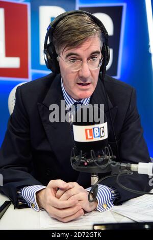 Jacob Rees-Mogg pictured in the LBC studio, London, where he guest presented the mid-morning show. Picture date: Monday October 23rd, 2017. Photo credit should read: Matt Crossick/ EMPICS Entertainment. Stock Photo