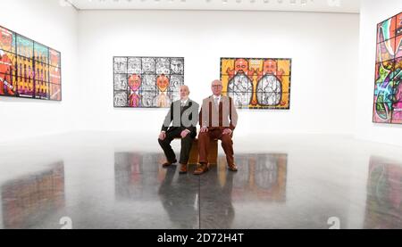 Artists Gilbert and George (full names Gilbert Proesch,left and George Passmore, right) pictured at the White Cube Bermondsey art gallery in south London, at the launch of their exhibition The Beard Pictures and their Fuckosophy. Picture date: Tuesday November 21st, 2017. Photo credit should read: Matt Crossick/ EMPICS Entertainment. The Exhibition runs from 22 November 2017 to 28 January 2018.  Stock Photo