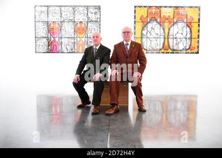 Artists Gilbert and George (full names Gilbert Proesch,left and George Passmore, right) pictured at the White Cube Bermondsey art gallery in south London, at the launch of their exhibition The Beard Pictures and their Fuckosophy. Picture date: Tuesday November 21st, 2017. Photo credit should read: Matt Crossick/ EMPICS Entertainment. The Exhibition runs from 22 November 2017 to 28 January 2018.  Stock Photo