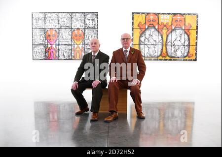 Artists Gilbert and George (full names Gilbert Proesch,left and George Passmore, right) pictured at the White Cube Bermondsey art gallery in south London, at the launch of their exhibition The Beard Pictures and their Fuckosophy. Picture date: Tuesday November 21st, 2017. Photo credit should read: Matt Crossick/ EMPICS Entertainment. The Exhibition runs from 22 November 2017 to 28 January 2018.  Stock Photo