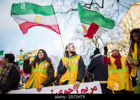 Members of the Anglo-Iranian community hold a rally opposite Downing Street, London, in solidarity with the nationwide anti-regime protests currently taking place in Iran. The protesters called on the British government to support the campaign for democratic change in Iran. Picture date: Thursday January 4th, 2018. Photo credit should read: Matt Crossick/ EMPICS Entertainment. Stock Photo