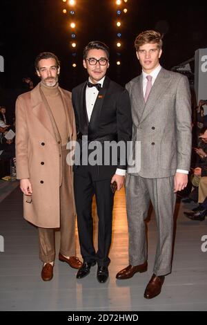 Richard Biedul, Hu Bing and Toby Huntington-Whiteley on the front row during the John Lawrence Sullivan London Fashion Week Men's AW18 show, held at BFC Show Space, London. Picture date: Saturday January 6th, 2018. Photo credit should read: Matt Crossick/ EMPICS Entertainment. Stock Photo