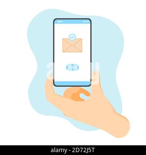 The concept of sending a message, a letter. Phone in hand.  Stock Vector