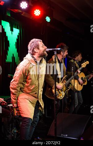 Liam Gallagher plays an intimate gig for Radio X listeners, on the roof of their studios in Leicester Square, London. The gig, with a crowd of just 90 people, was in support of Radio Xâ€™s charity, Globalâ€™s Make Some Noise. Picture date: Monday February 12th, 2018. Photo credit should read: Matt Crossick/ EMPICS Entertainment. EDITORIAL USE ONLY Stock Photo