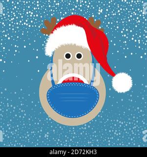 Reindeer with face mask and santa hat design vector illustration on a snowy background. Stock Vector
