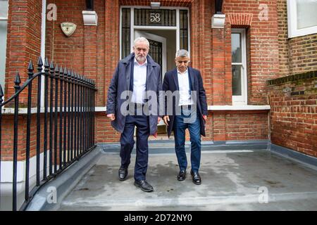Labour leader Jeremy Corbyn and Mayor of London Sadiq Khan pictured in Elm Park Gardens, Chelsea, as they join a canvassing session with local Labour candidates ahead of the local elections. Picture date: Monday April 9th, 2018. Photo credit should read: Matt Crossick/ EMPICS Entertainment. Stock Photo