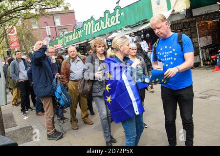 Anti-brexit campagners outside a rally to launch People's Vote - a campaign demanding a vote on the final Brexit deal, at the Electric Ballroom in Camden, north London. Picture date: Sunday April 15th, 2018. Photo credit should read: Matt Crossick/ EMPICS Entertainment. Stock Photo