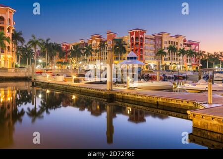 Naples, Florida, USA downtown cityscape on the bay at dusk. Stock Photo