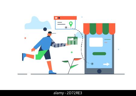 Concept guy courier delivers goods ordered through a mobile store Stock Vector