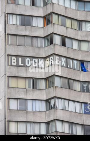 Anti-Brexit messages on a tower block in Margate, Kent. 64% of Margate voters backed leaving the EU, despite the town benefitting from significant regeneration funding from the EU. Picture date: Friday July 20th, 2018. Photo credit should read: Matt Crossick/ EMPICS Entertainment. Stock Photo