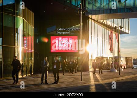 The sun sets during the Labour Party annual conference at the Arena and Convention Centre (ACC), in Liverpool. Picture date: Monday September 24th, 2018. Photo credit should read: Matt Crossick/ EMPICS Entertainment. Stock Photo