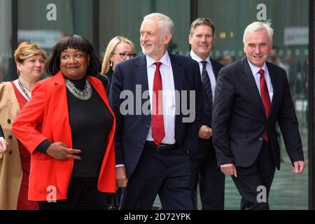 Jeremy Corbyn, with members of the shadow cabinet including Diane Abbott, Richard Burgon, Emily Thornbury, Rebecca Long-Bailey, John McDonnell and Keir Starmer, arriving for his speech during the Labour Party annual conference at the Arena and Convention Centre (ACC), in Liverpool. Picture date: Wednesday September 26th, 2018. Photo credit should read: Matt Crossick/ EMPICS Entertainment. Stock Photo