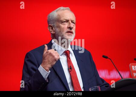 Labour Leader Jeremy Corbyn speaks during the Labour Party annual conference at the Arena and Convention Centre (ACC), in Liverpool. Picture date: Wednesday September 26th, 2018. Photo credit should read: Matt Crossick/ EMPICS Entertainment. Stock Photo