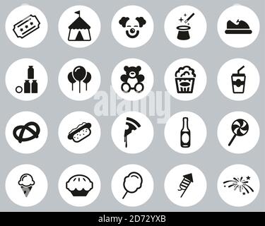 Fair or Carnival Icons Black & White Flat Design Circle Set Big Stock Vector