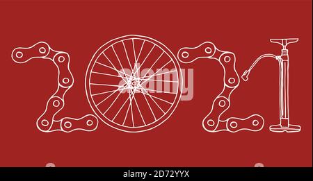 2021 Bicycle Happy New Year vector card illustration on red background Stock Vector