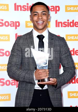 Zack Morris poses with his award for Best Show Stopper whilst attending the Inside Soap Awards 2018 held at 100 Wardour Street, Soho, London. Picture credit should read: Matt Crossick / EMPICS Stock Photo