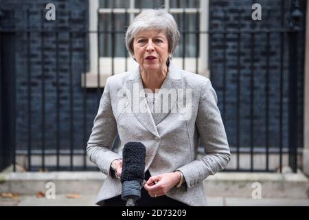 Prime minister Theresa May makes a statement in Downing Street, London, announcing she has agreed a draft Brexit deal with Brussels. Picture date: Thursday November 22nd, 2018. Photo credit should read: Matt Crossick/ EMPICS Entertainment. Stock Photo