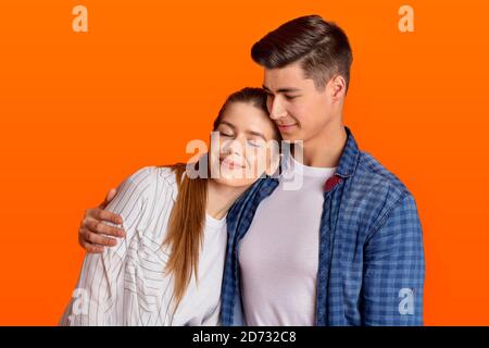 Spare time and natural emotions of love of students on date Stock Photo