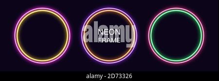 Neon circle Frame. Set of round neon Border with double outline. Geometric shape with copy space, futuristic graphic element for social media stories. Stock Vector