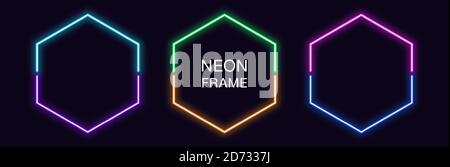 Neon hexagon Frame. Set of hexagonal neon Border in 2 outline parts. Geometric shape with copy space, futuristic glowing element for social media stor Stock Vector