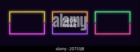 Neon rectangle Frame. Set of rectangular neon Border in 2 outline parts. Vector geometric shape with copy space, futuristic glowing element for social Stock Vector